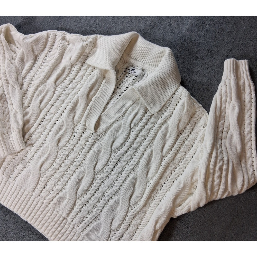 Hollister Women L Cable Knit Sweater Open Collar V-Neck Pullover Cream Off White